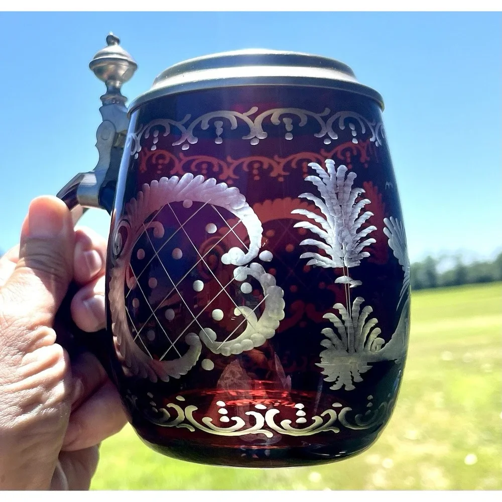 Vintage Bohemian Cut-to-Clear Glass Stein Beer Mug with Pewter Lid Grouse Design